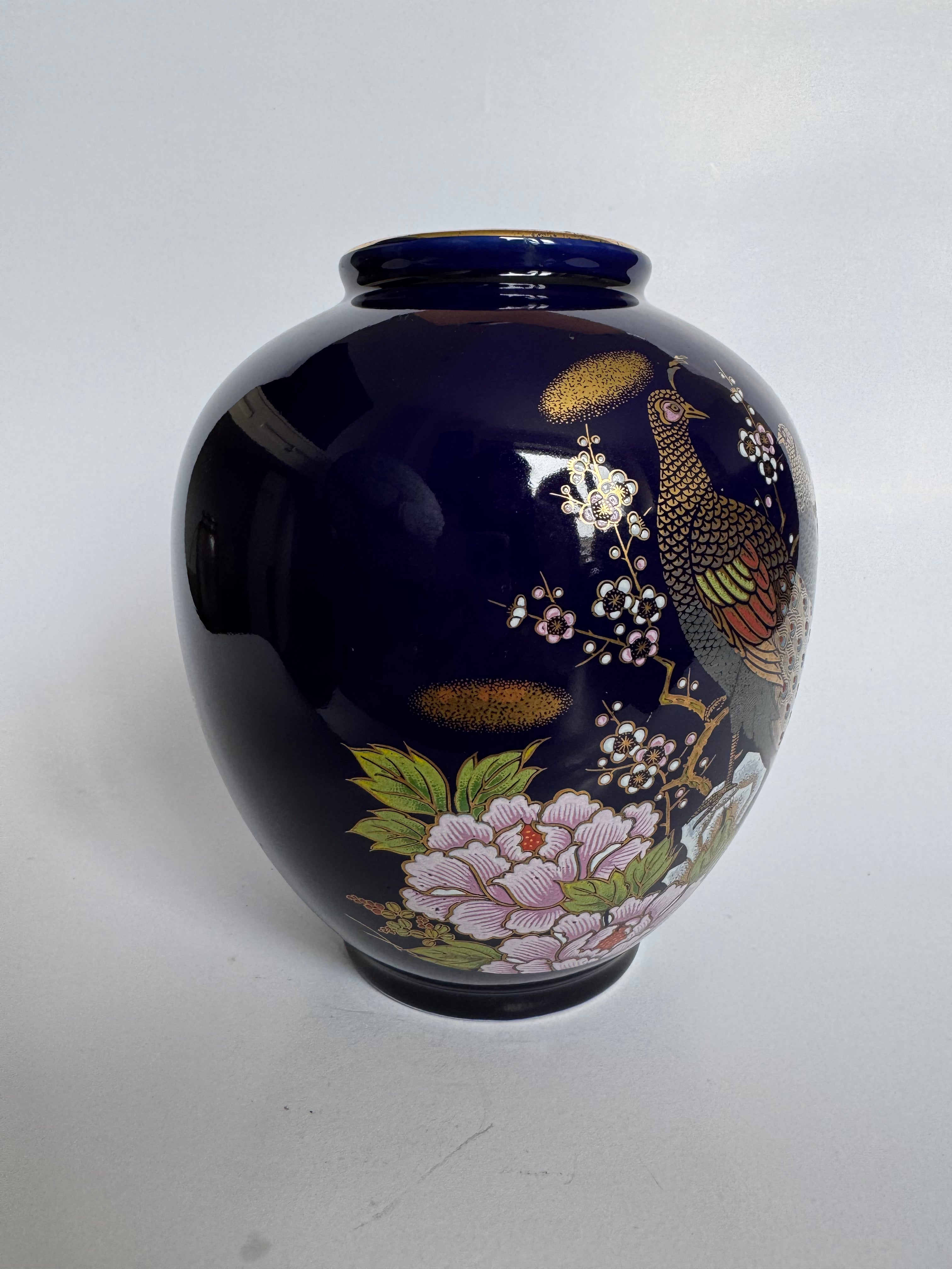 Japanese Cobalt Blue Peacock Vase – Hand Painted Peony Porcelain
