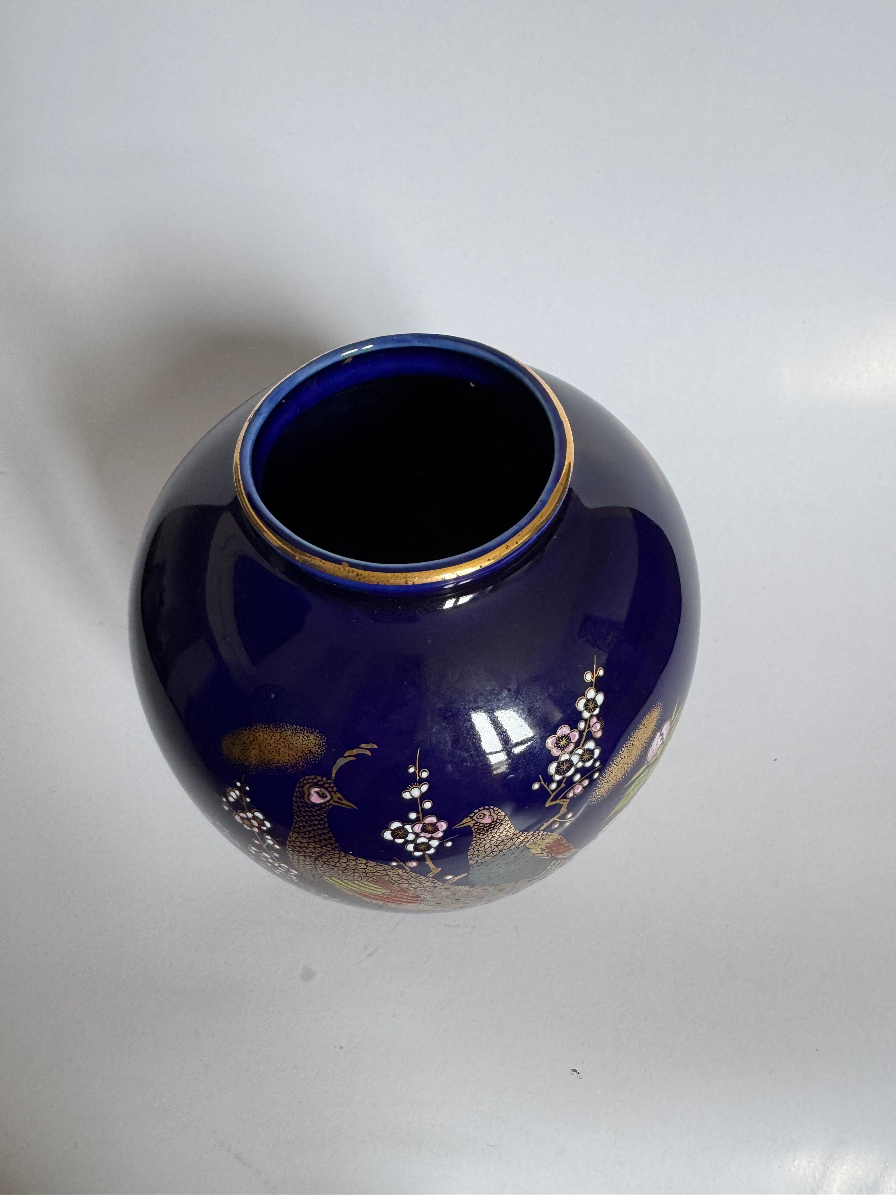 Japanese Cobalt Blue Peacock Vase – Hand Painted Peony Porcelain