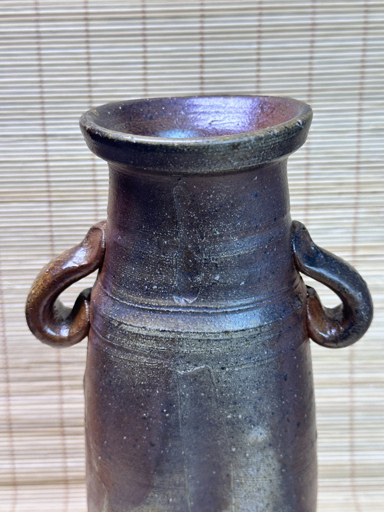 Vintage Bizen Ware Vase with Ear Handles, Unglazed Japanese Stoneware, Ikebana Hanaire