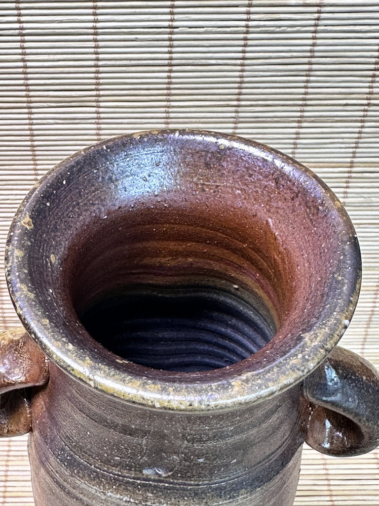 Vintage Bizen Ware Vase with Ear Handles, Unglazed Japanese Stoneware, Ikebana Hanaire