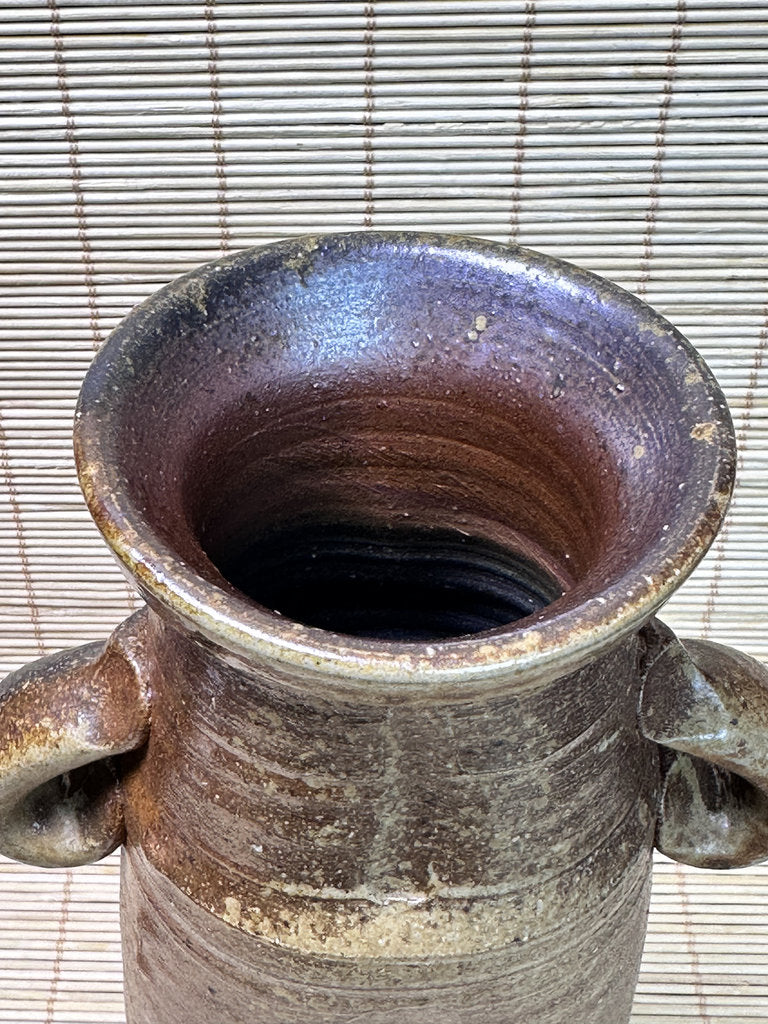 Vintage Bizen Ware Vase with Ear Handles, Unglazed Japanese Stoneware, Ikebana Hanaire