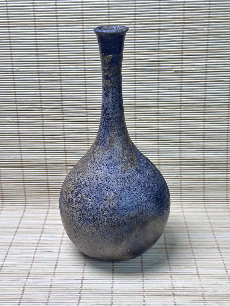 Vintage Bizen Ware Bud Vase, Long Neck Round Body, Unglazed Japanese Stoneware Ikebana Hanaire