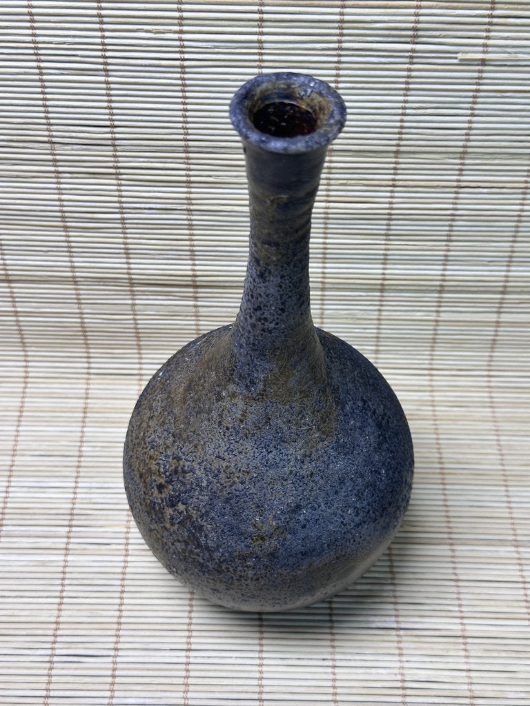 Vintage Bizen Ware Bud Vase, Long Neck Round Body, Unglazed Japanese Stoneware Ikebana Hanaire