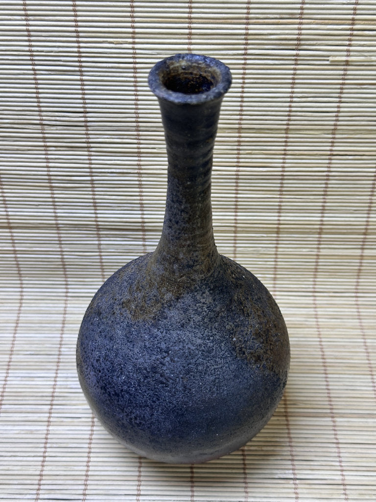 Vintage Bizen Ware Bud Vase, Long Neck Round Body, Unglazed Japanese Stoneware Ikebana Hanaire