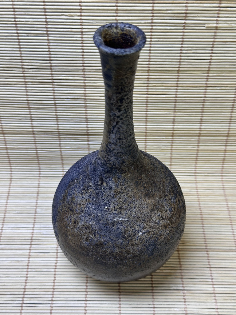 Vintage Bizen Ware Bud Vase, Long Neck Round Body, Unglazed Japanese Stoneware Ikebana Hanaire