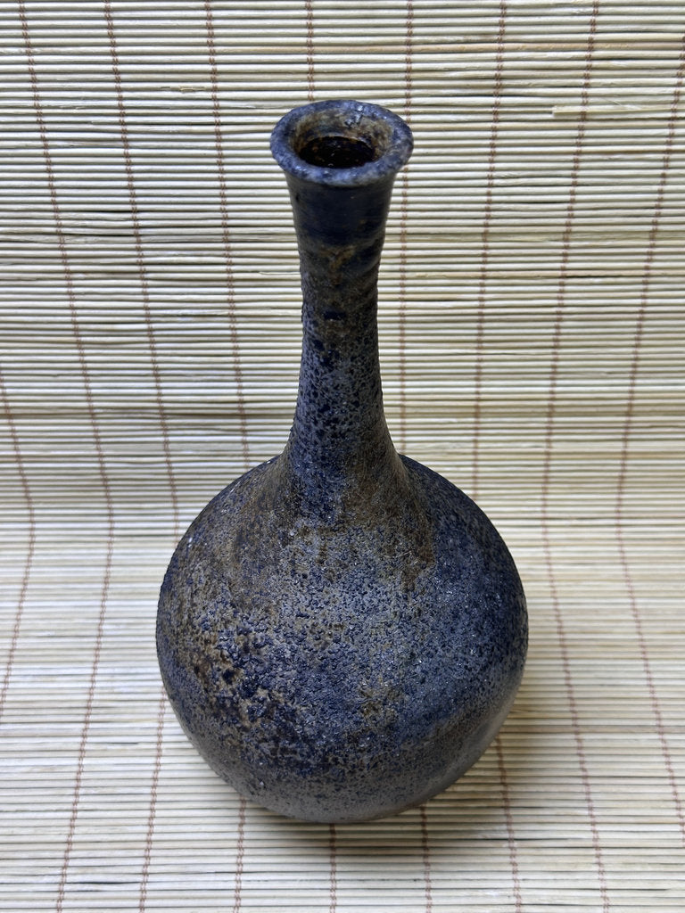 Vintage Bizen Ware Bud Vase, Long Neck Round Body, Unglazed Japanese Stoneware Ikebana Hanaire