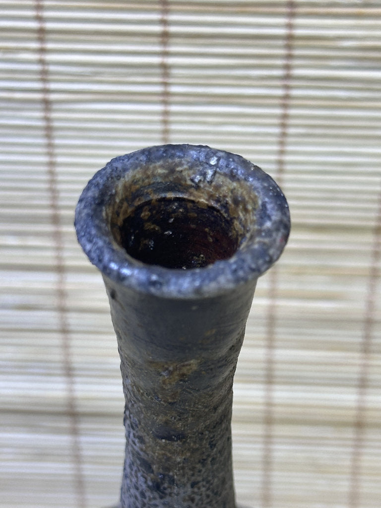 Vintage Bizen Ware Bud Vase, Long Neck Round Body, Unglazed Japanese Stoneware Ikebana Hanaire
