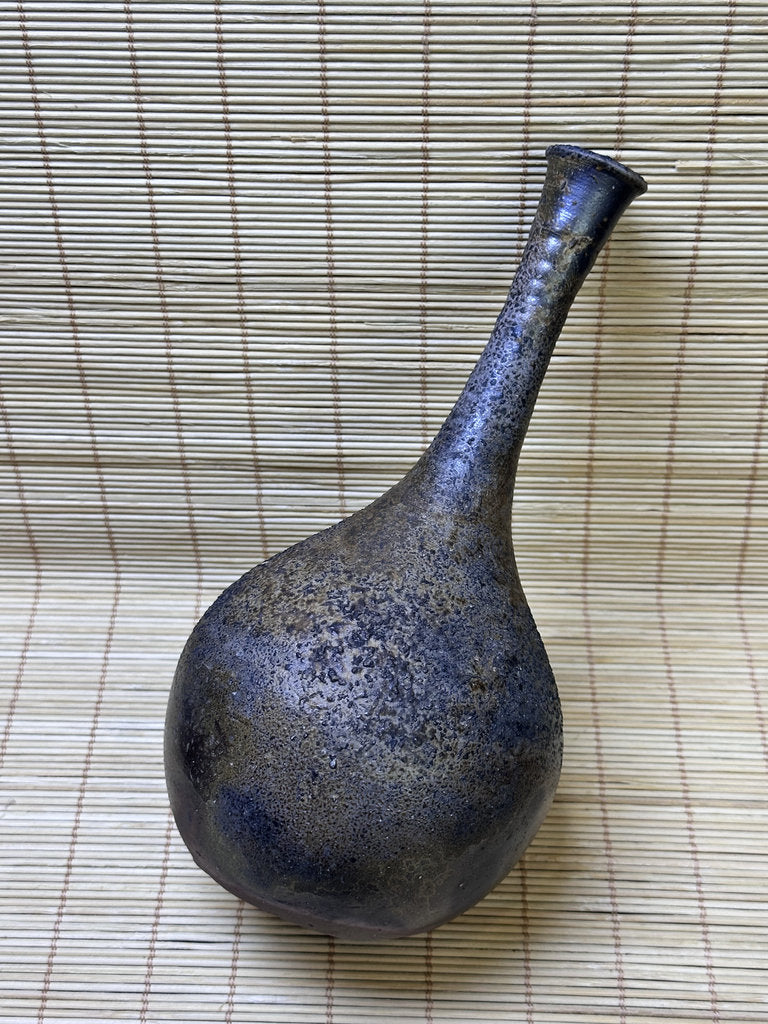 Vintage Bizen Ware Bud Vase, Long Neck Round Body, Unglazed Japanese Stoneware Ikebana Hanaire