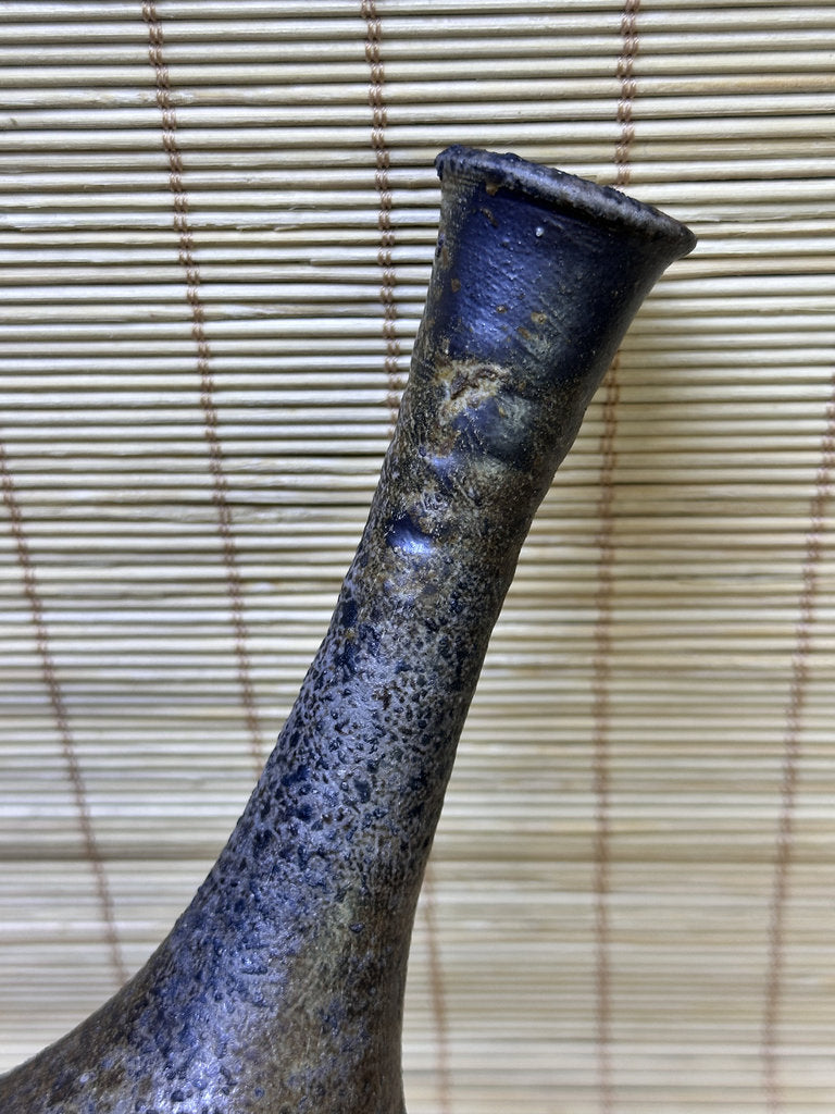 Vintage Bizen Ware Bud Vase, Long Neck Round Body, Unglazed Japanese Stoneware Ikebana Hanaire
