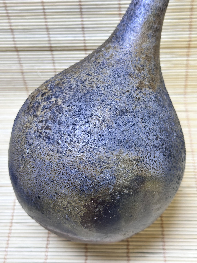 Vintage Bizen Ware Bud Vase, Long Neck Round Body, Unglazed Japanese Stoneware Ikebana Hanaire