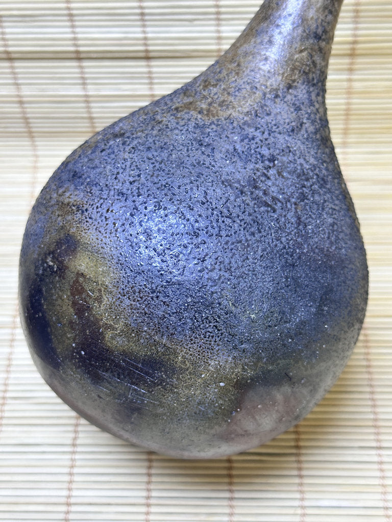 Vintage Bizen Ware Bud Vase, Long Neck Round Body, Unglazed Japanese Stoneware Ikebana Hanaire