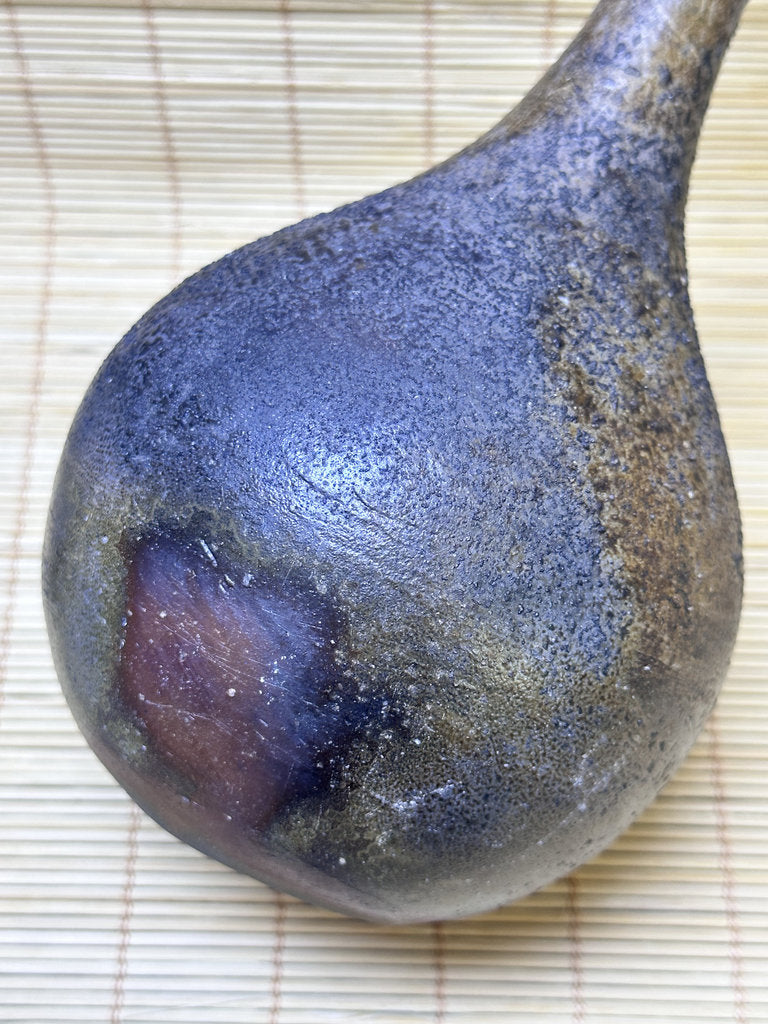Vintage Bizen Ware Bud Vase, Long Neck Round Body, Unglazed Japanese Stoneware Ikebana Hanaire