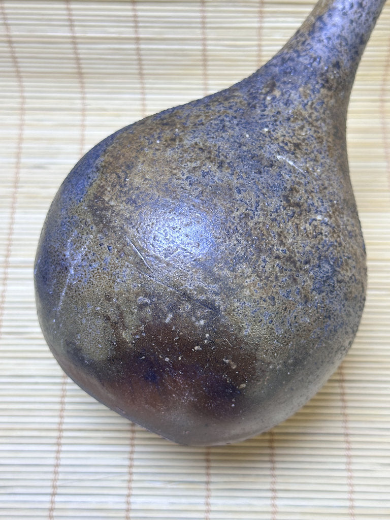 Vintage Bizen Ware Bud Vase, Long Neck Round Body, Unglazed Japanese Stoneware Ikebana Hanaire