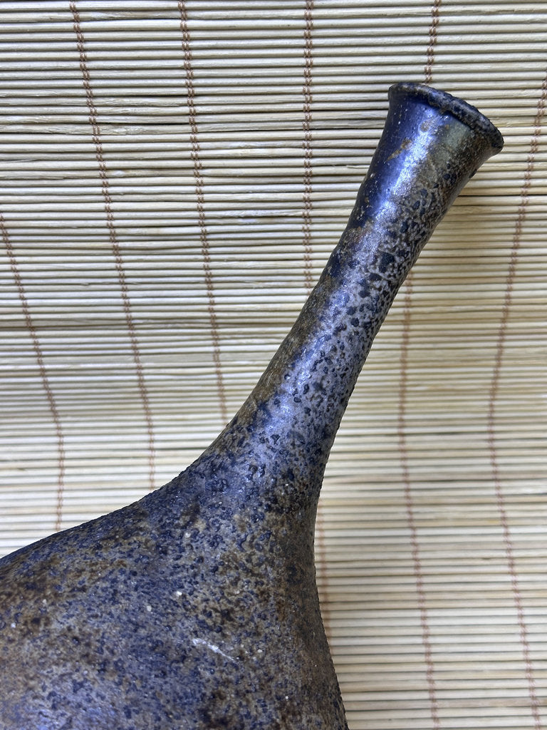 Vintage Bizen Ware Bud Vase, Long Neck Round Body, Unglazed Japanese Stoneware Ikebana Hanaire