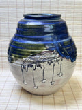 Vintage Japanese Oribe-Style Vase, Cobalt Blue and Green Glaze, Hand-Painted Iron Brushwork, Crackle Finish