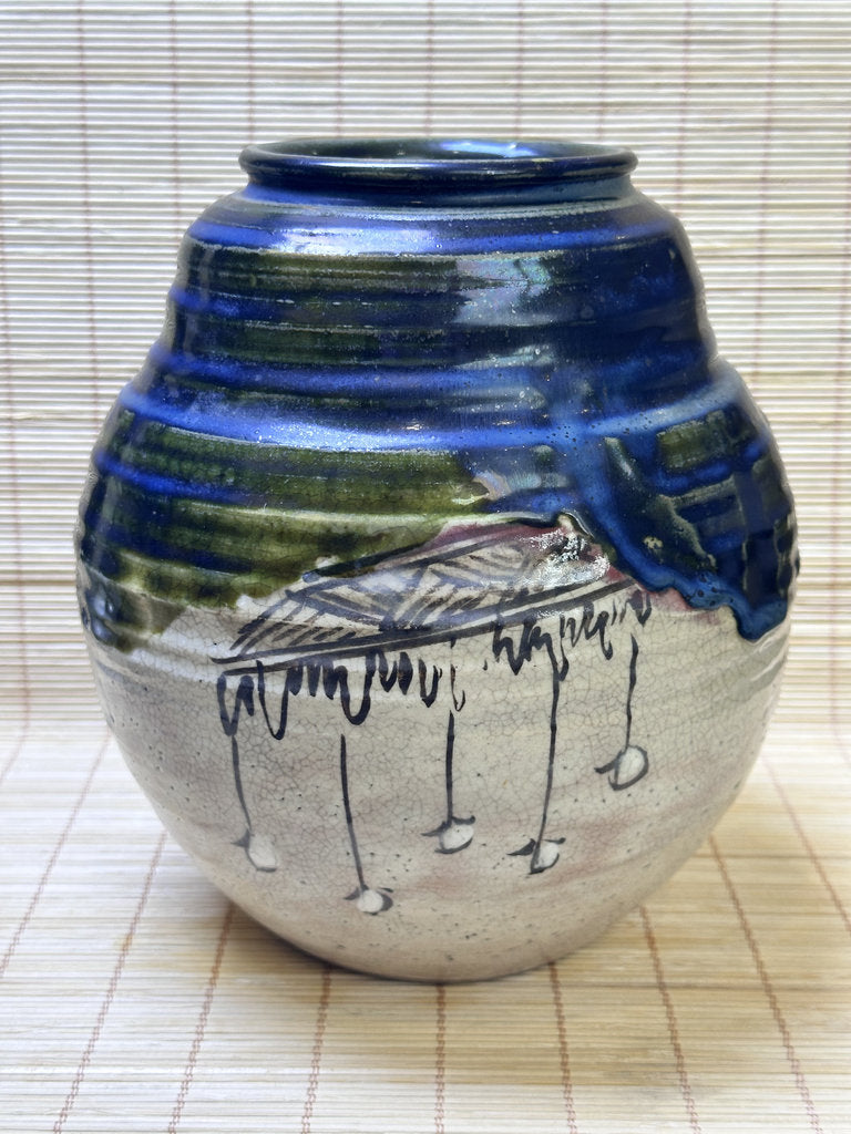 Vintage Japanese Oribe-Style Vase, Cobalt Blue and Green Glaze, Hand-Painted Iron Brushwork, Crackle Finish
