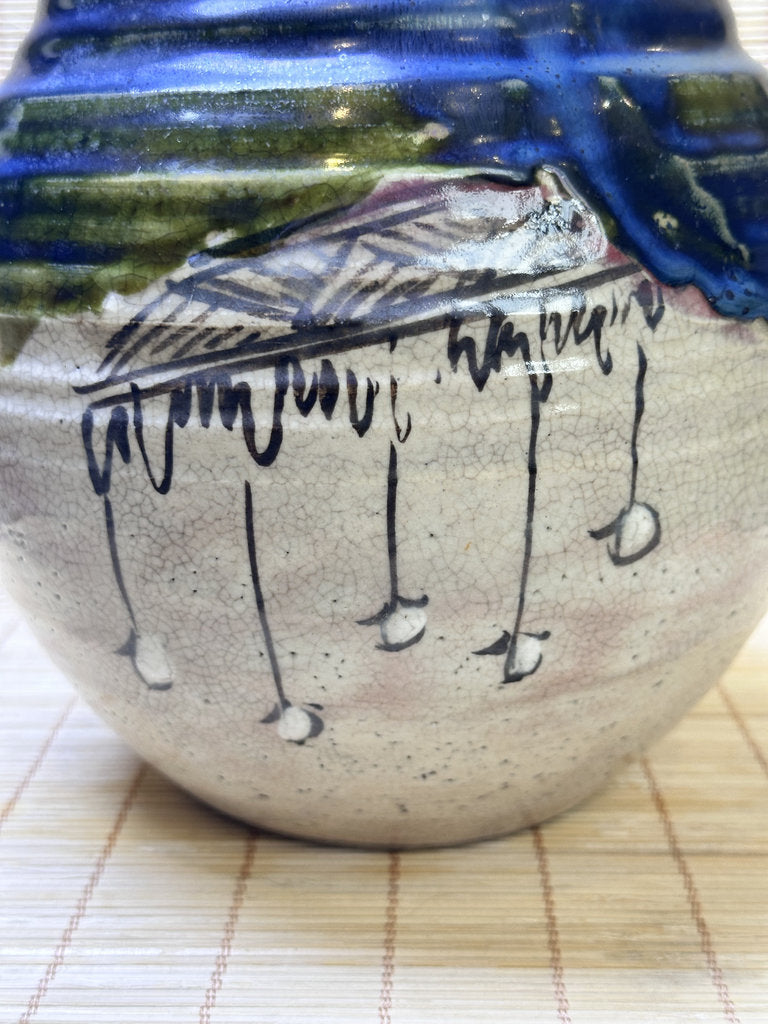 Vintage Japanese Oribe-Style Vase, Cobalt Blue and Green Glaze, Hand-Painted Iron Brushwork, Crackle Finish