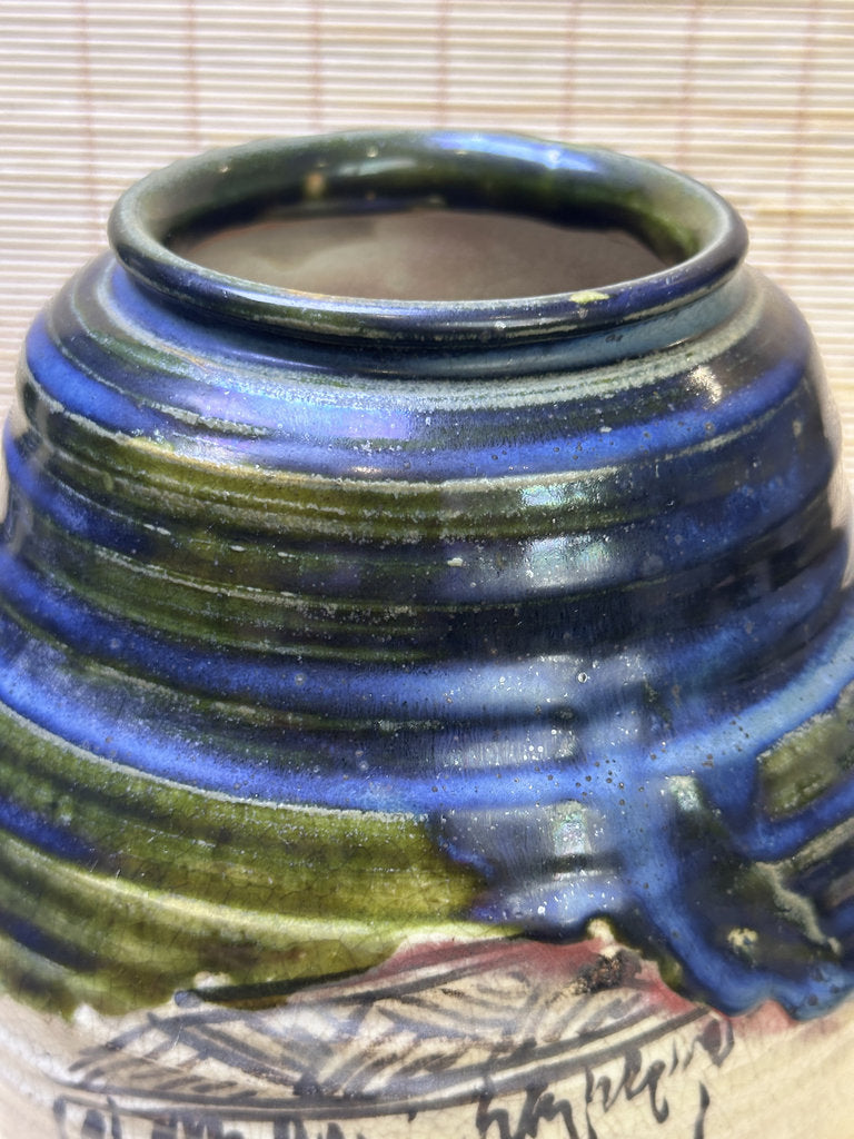Vintage Japanese Oribe-Style Vase, Cobalt Blue and Green Glaze, Hand-Painted Iron Brushwork, Crackle Finish