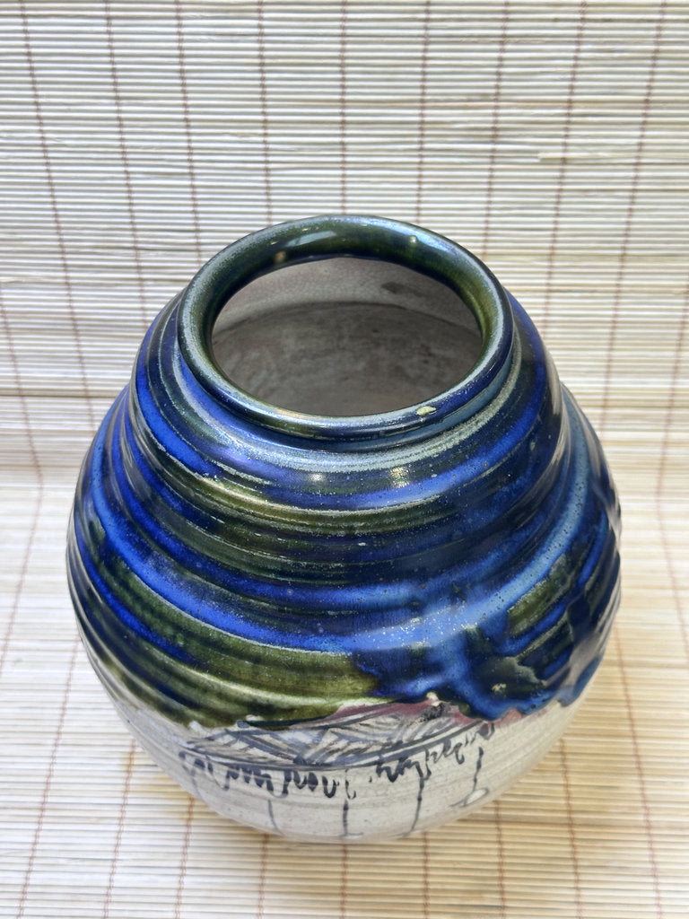 Vintage Japanese Oribe-Style Vase, Cobalt Blue and Green Glaze, Hand-Painted Iron Brushwork, Crackle Finish