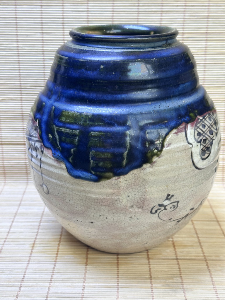 Vintage Japanese Oribe-Style Vase, Cobalt Blue and Green Glaze, Hand-Painted Iron Brushwork, Crackle Finish