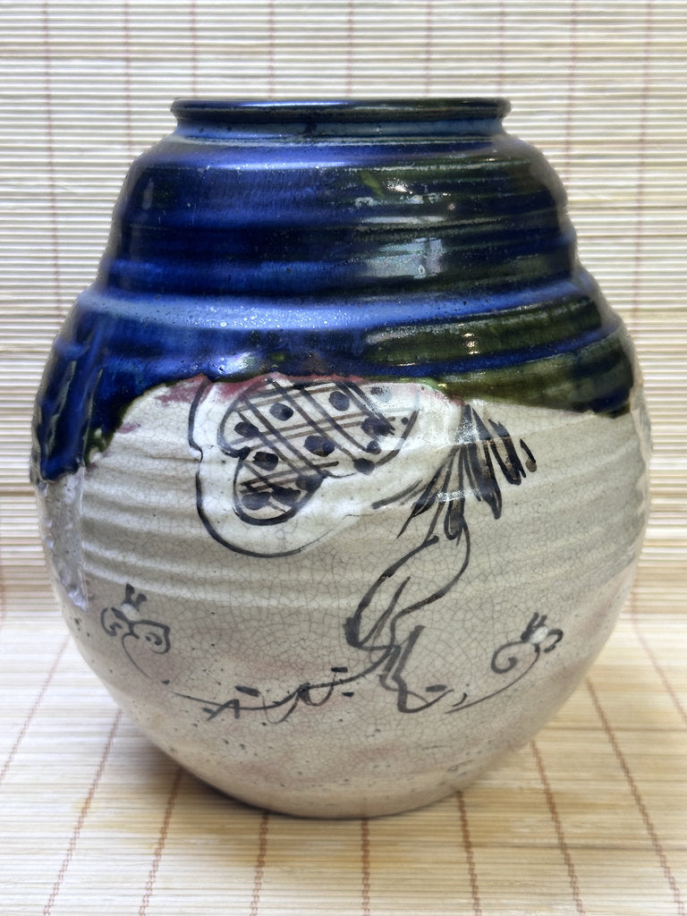 Vintage Japanese Oribe-Style Vase, Cobalt Blue and Green Glaze, Hand-Painted Iron Brushwork, Crackle Finish