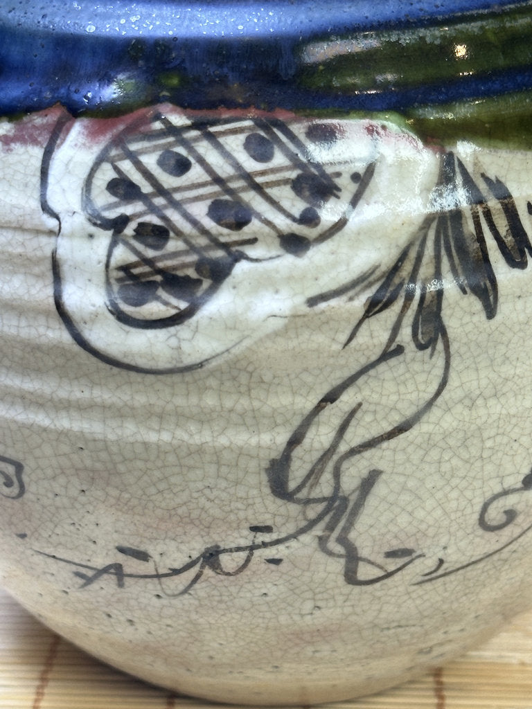 Vintage Japanese Oribe-Style Vase, Cobalt Blue and Green Glaze, Hand-Painted Iron Brushwork, Crackle Finish