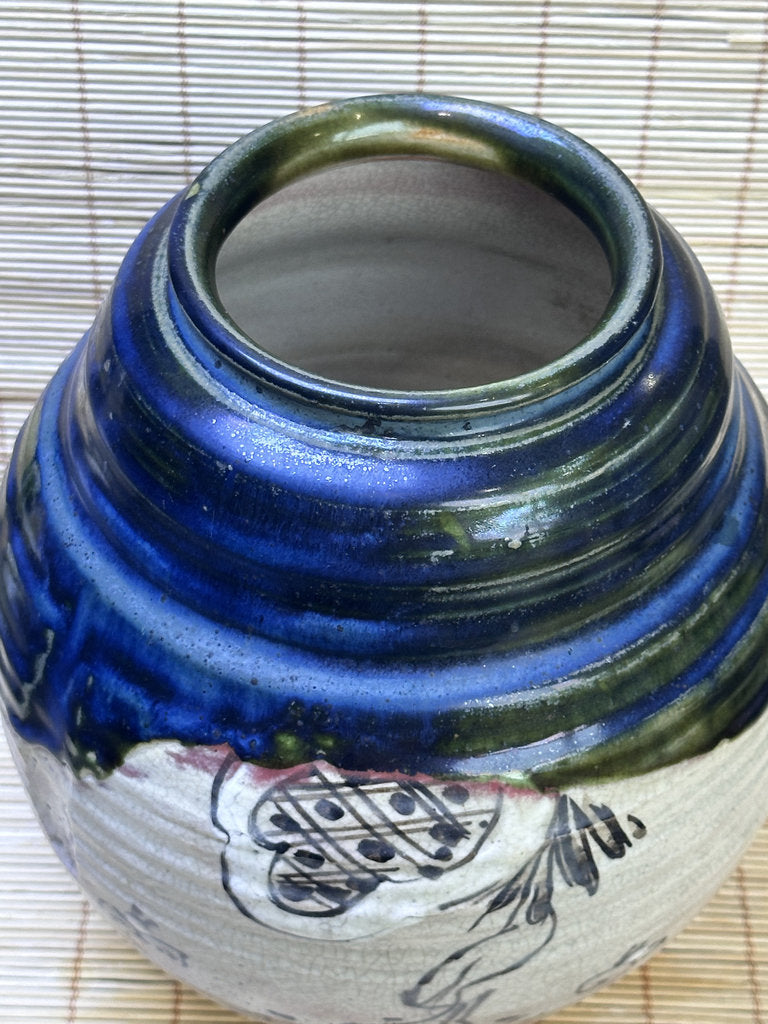 Vintage Japanese Oribe-Style Vase, Cobalt Blue and Green Glaze, Hand-Painted Iron Brushwork, Crackle Finish
