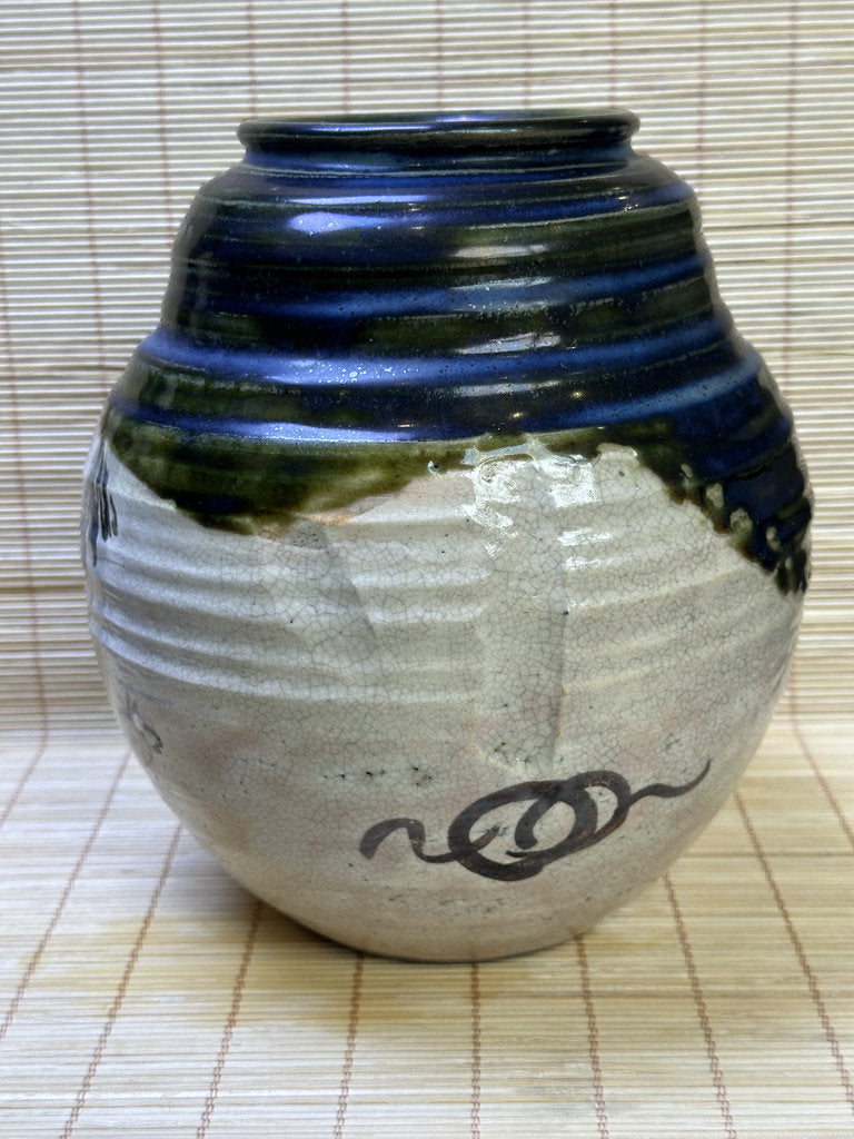 Vintage Japanese Oribe-Style Vase, Cobalt Blue and Green Glaze, Hand-Painted Iron Brushwork, Crackle Finish