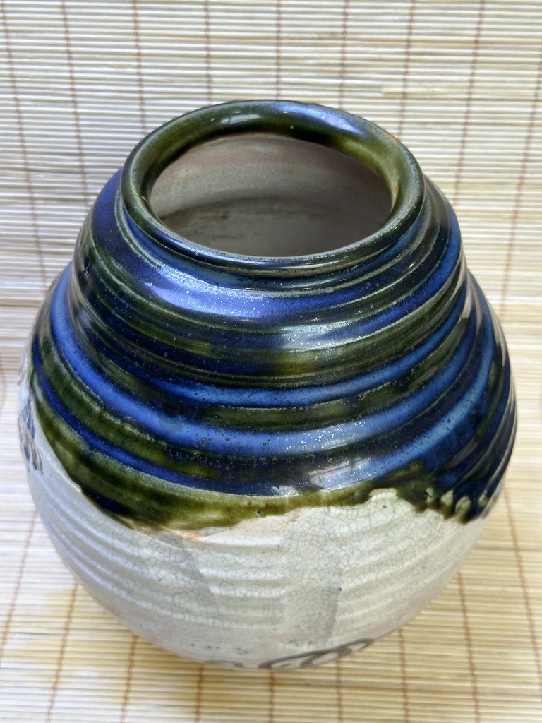 Vintage Japanese Oribe-Style Vase, Cobalt Blue and Green Glaze, Hand-Painted Iron Brushwork, Crackle Finish