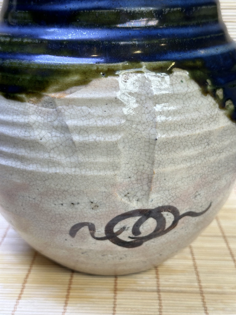 Vintage Japanese Oribe-Style Vase, Cobalt Blue and Green Glaze, Hand-Painted Iron Brushwork, Crackle Finish