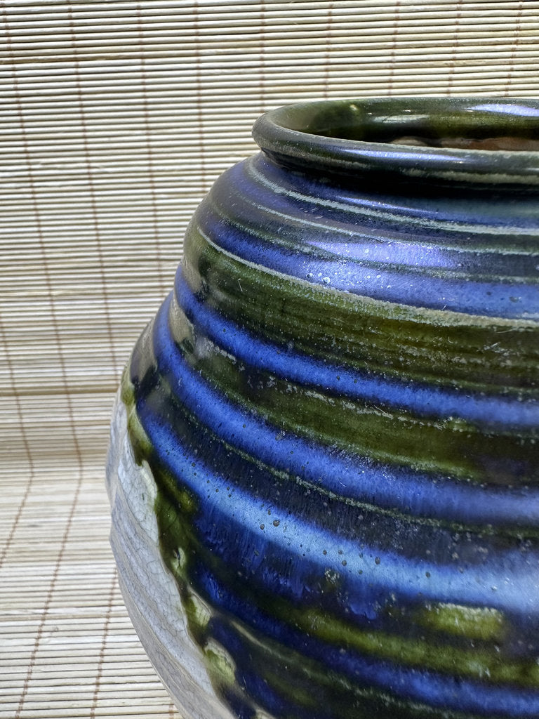 Vintage Japanese Oribe-Style Vase, Cobalt Blue and Green Glaze, Hand-Painted Iron Brushwork, Crackle Finish