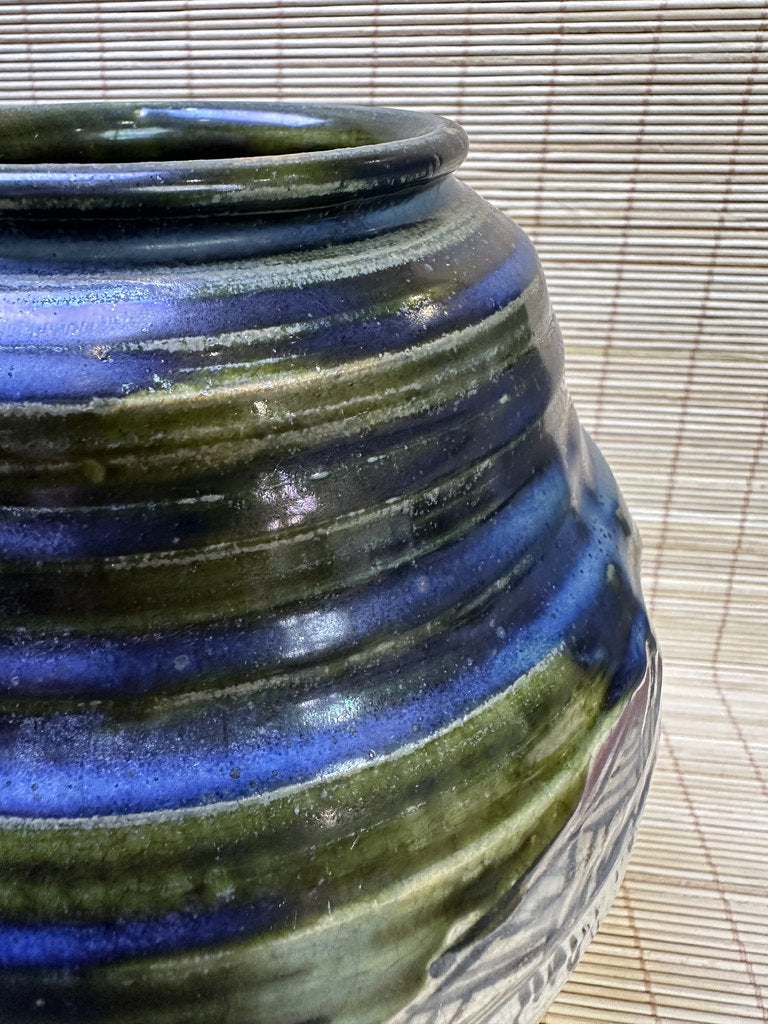 Vintage Japanese Oribe-Style Vase, Cobalt Blue and Green Glaze, Hand-Painted Iron Brushwork, Crackle Finish
