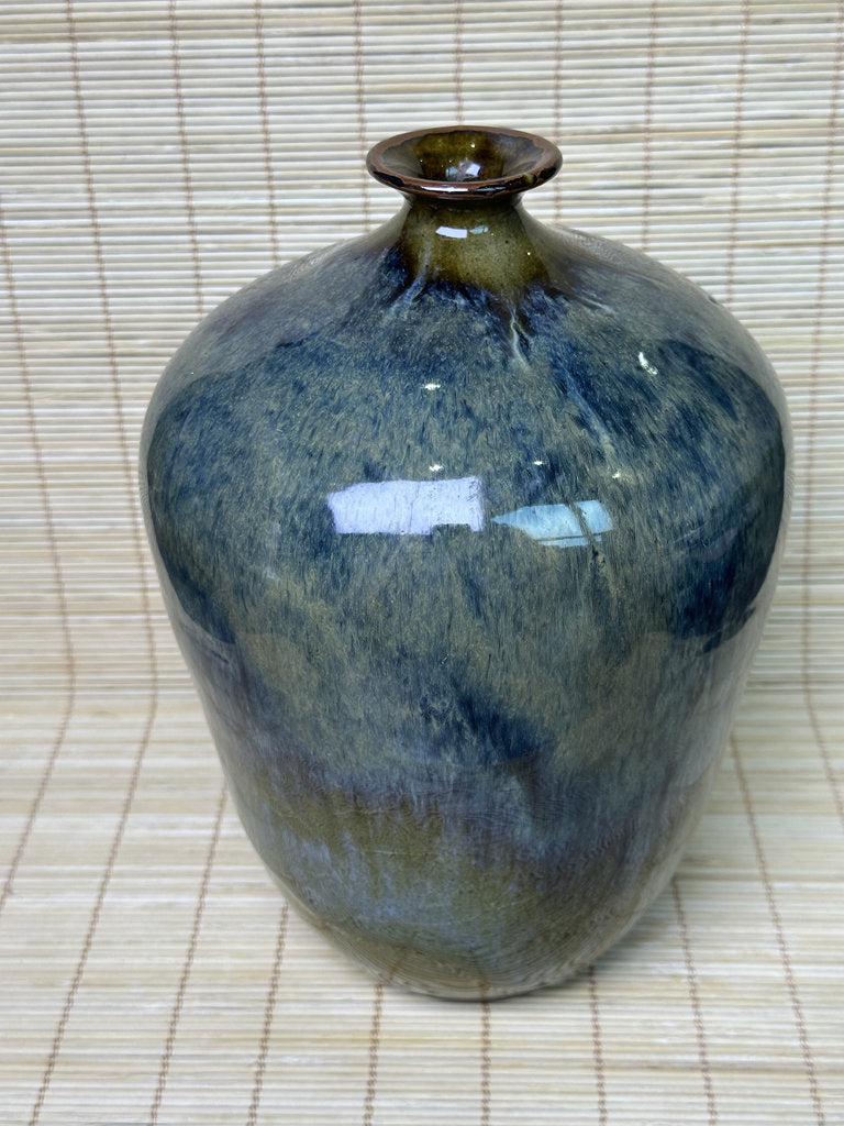 Vintage Japanese Signed Studio Pottery Vase, Blue Olive Drip Glaze, Meiping Shape, Rough Stoneware Foot