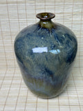 Vintage Japanese Signed Studio Pottery Vase, Blue Olive Drip Glaze, Meiping Shape, Rough Stoneware Foot