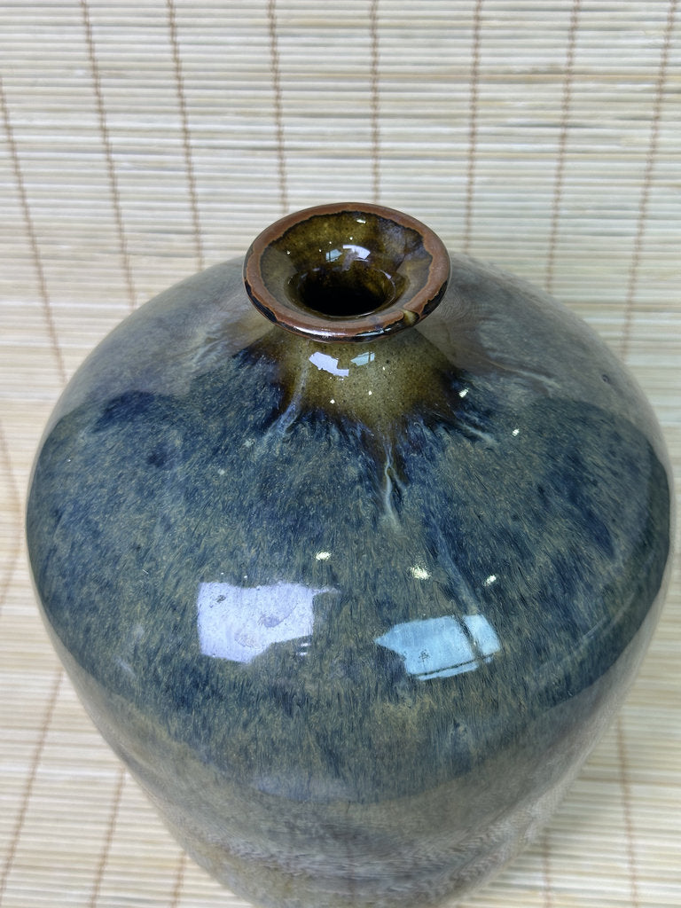 Vintage Japanese Signed Studio Pottery Vase, Blue Olive Drip Glaze, Meiping Shape, Rough Stoneware Foot
