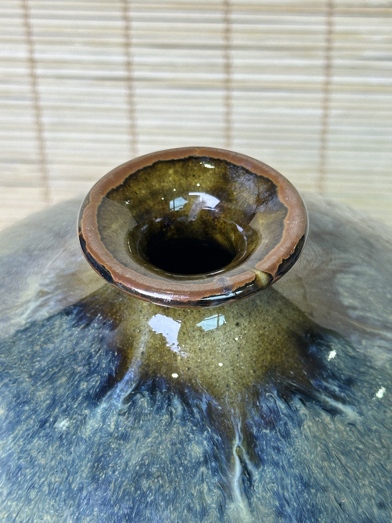Vintage Japanese Signed Studio Pottery Vase, Blue Olive Drip Glaze, Meiping Shape, Rough Stoneware Foot