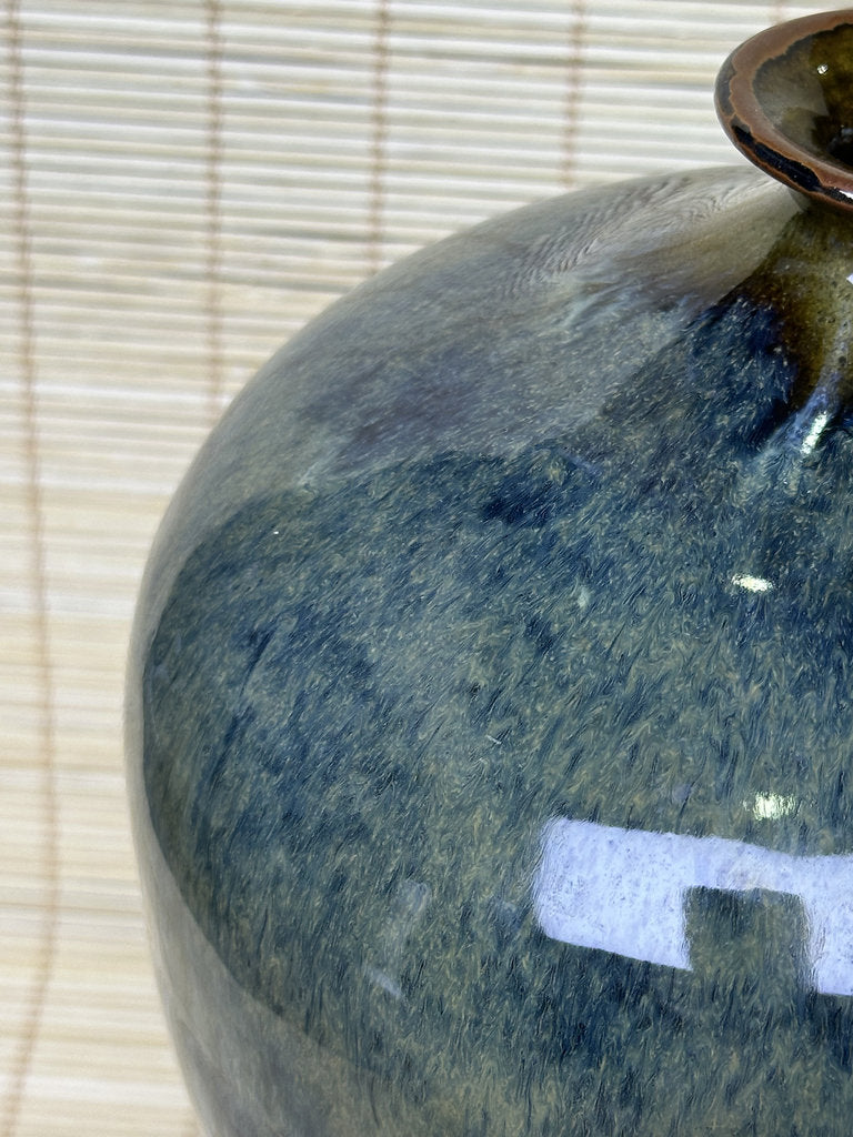 Vintage Japanese Signed Studio Pottery Vase, Blue Olive Drip Glaze, Meiping Shape, Rough Stoneware Foot