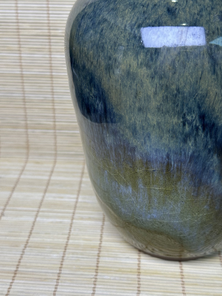 Vintage Japanese Signed Studio Pottery Vase, Blue Olive Drip Glaze, Meiping Shape, Rough Stoneware Foot