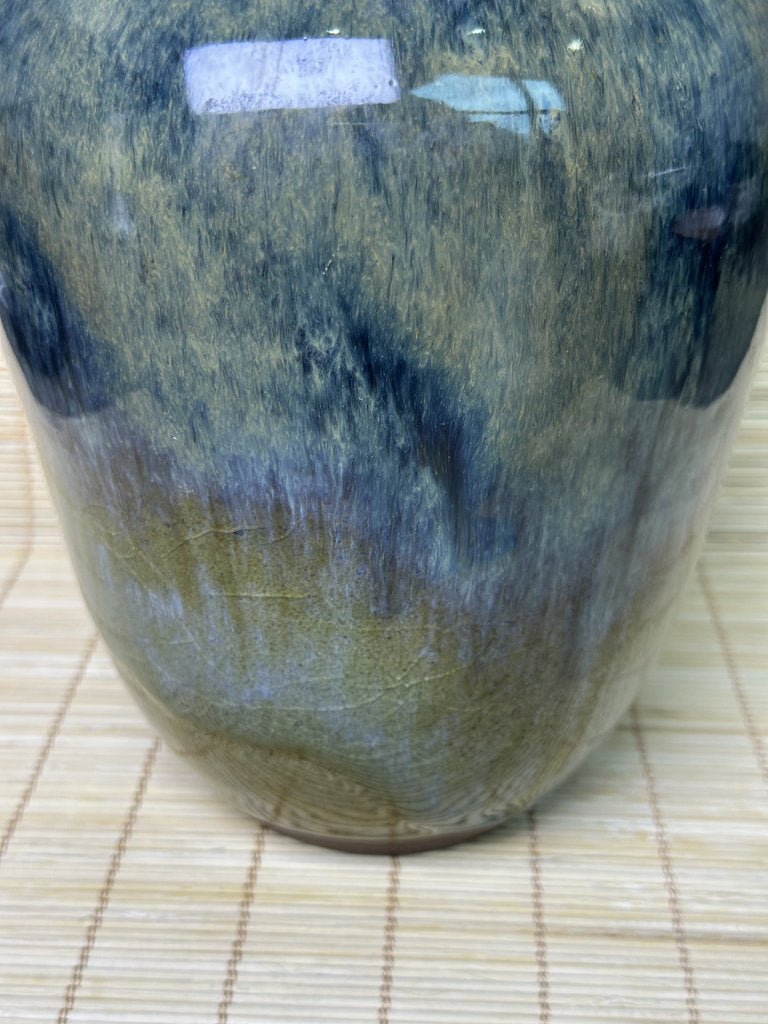 Vintage Japanese Signed Studio Pottery Vase, Blue Olive Drip Glaze, Meiping Shape, Rough Stoneware Foot