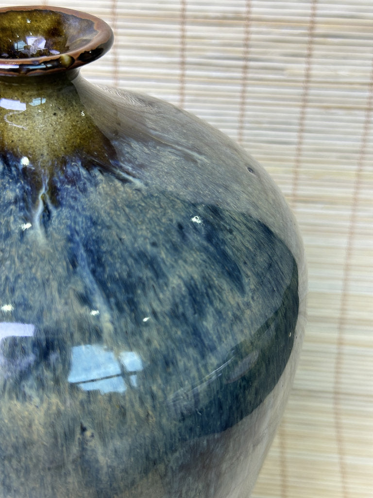 Vintage Japanese Signed Studio Pottery Vase, Blue Olive Drip Glaze, Meiping Shape, Rough Stoneware Foot
