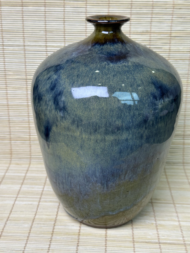 Vintage Japanese Signed Studio Pottery Vase, Blue Olive Drip Glaze, Meiping Shape, Rough Stoneware Foot