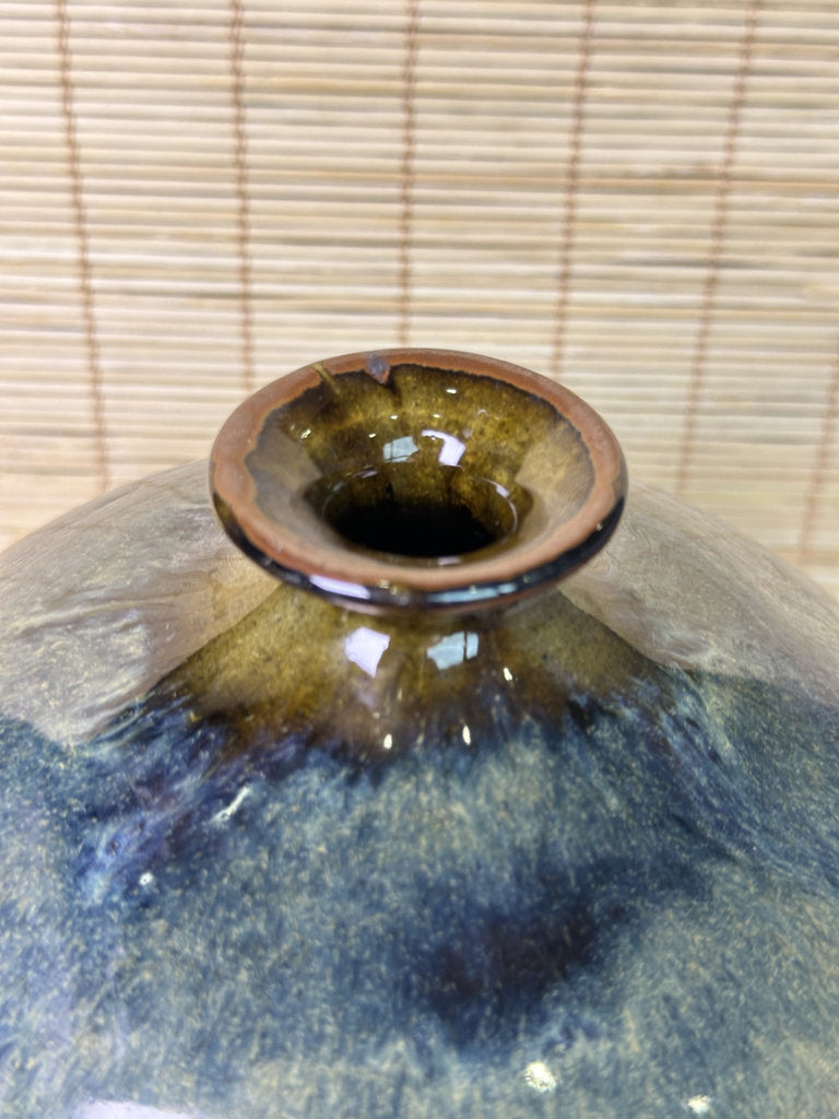 Vintage Japanese Signed Studio Pottery Vase, Blue Olive Drip Glaze, Meiping Shape, Rough Stoneware Foot