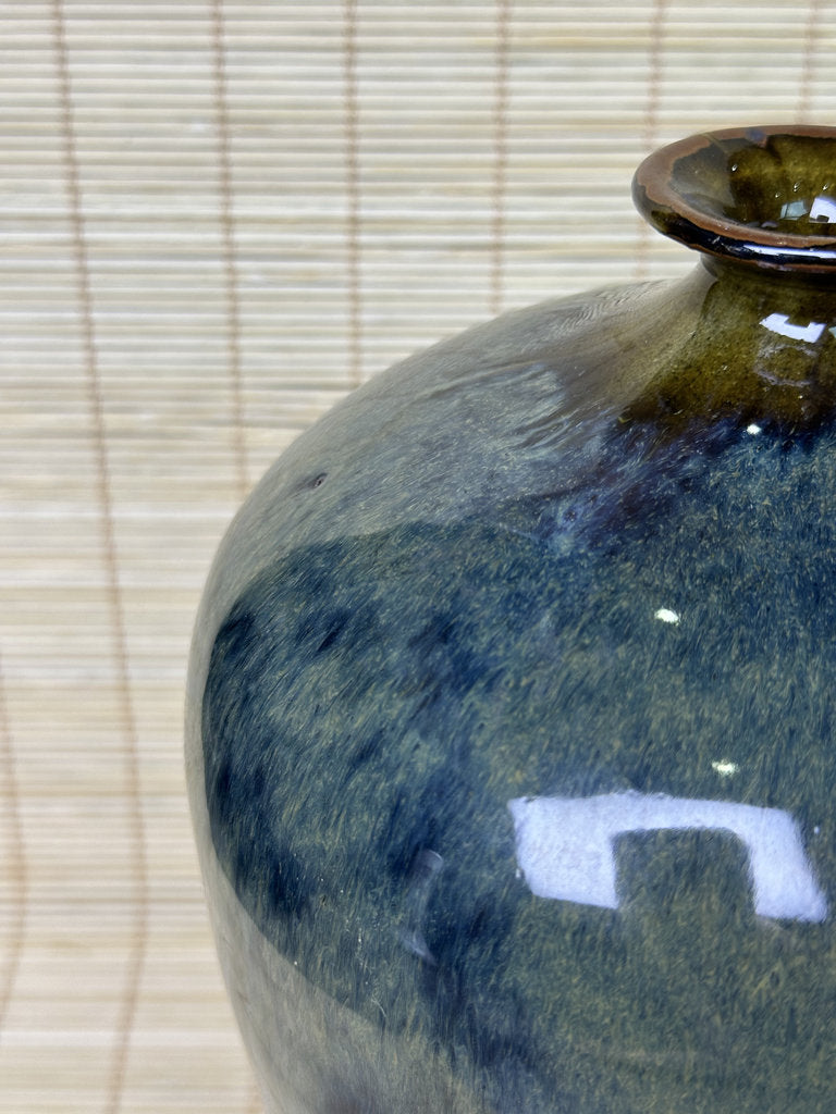 Vintage Japanese Signed Studio Pottery Vase, Blue Olive Drip Glaze, Meiping Shape, Rough Stoneware Foot