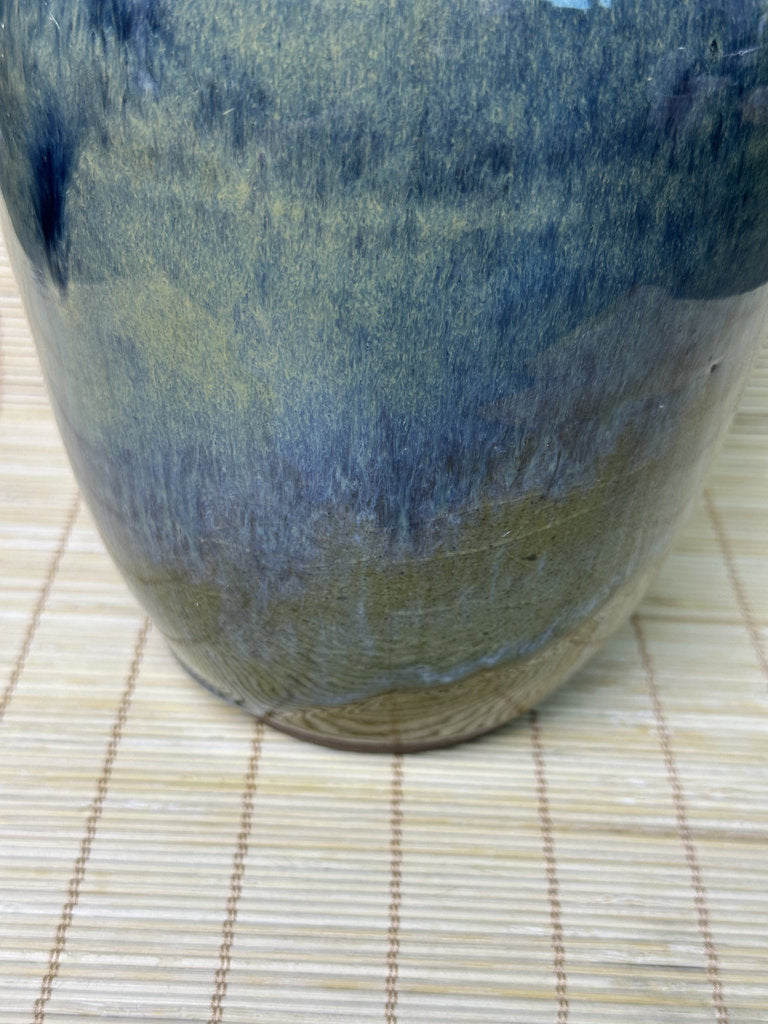 Vintage Japanese Signed Studio Pottery Vase, Blue Olive Drip Glaze, Meiping Shape, Rough Stoneware Foot
