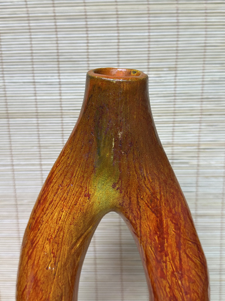Vintage Japanese Ikebana Vase, Sculptural Open-Loop Form, Carrot-Orange Streaked Glaze, Signed Base
