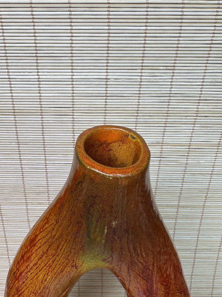 Vintage Japanese Ikebana Vase, Sculptural Open-Loop Form, Carrot-Orange Streaked Glaze, Signed Base