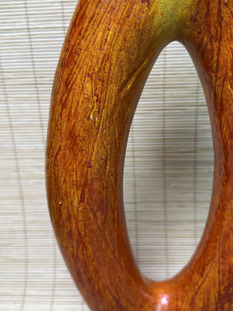 Vintage Japanese Ikebana Vase, Sculptural Open-Loop Form, Carrot-Orange Streaked Glaze, Signed Base