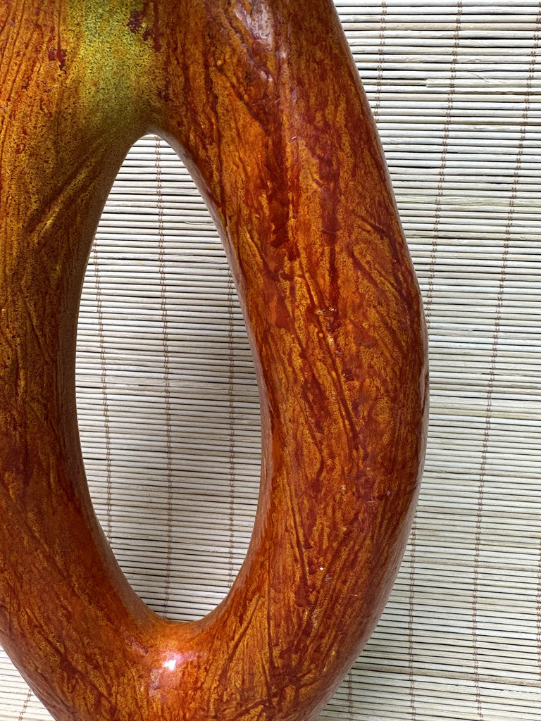 Vintage Japanese Ikebana Vase, Sculptural Open-Loop Form, Carrot-Orange Streaked Glaze, Signed Base