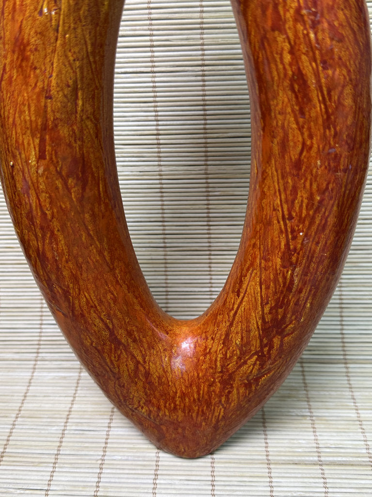 Vintage Japanese Ikebana Vase, Sculptural Open-Loop Form, Carrot-Orange Streaked Glaze, Signed Base