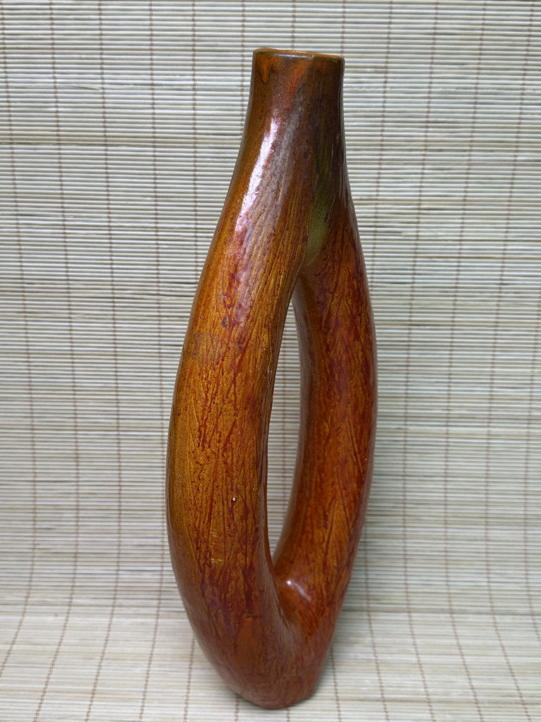 Vintage Japanese Ikebana Vase, Sculptural Open-Loop Form, Carrot-Orange Streaked Glaze, Signed Base